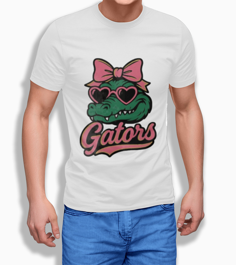 Florida Gators Green Alligator Pink Bow Heart Sunglasses T-Shirt