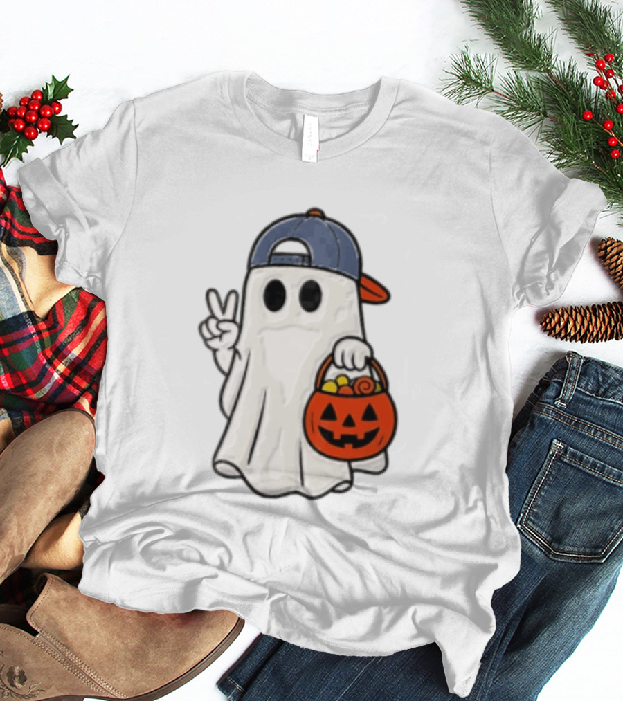 Ghost In Cap With Peace Sign Holding Pumpkin Bucket Halloween T-Shirt