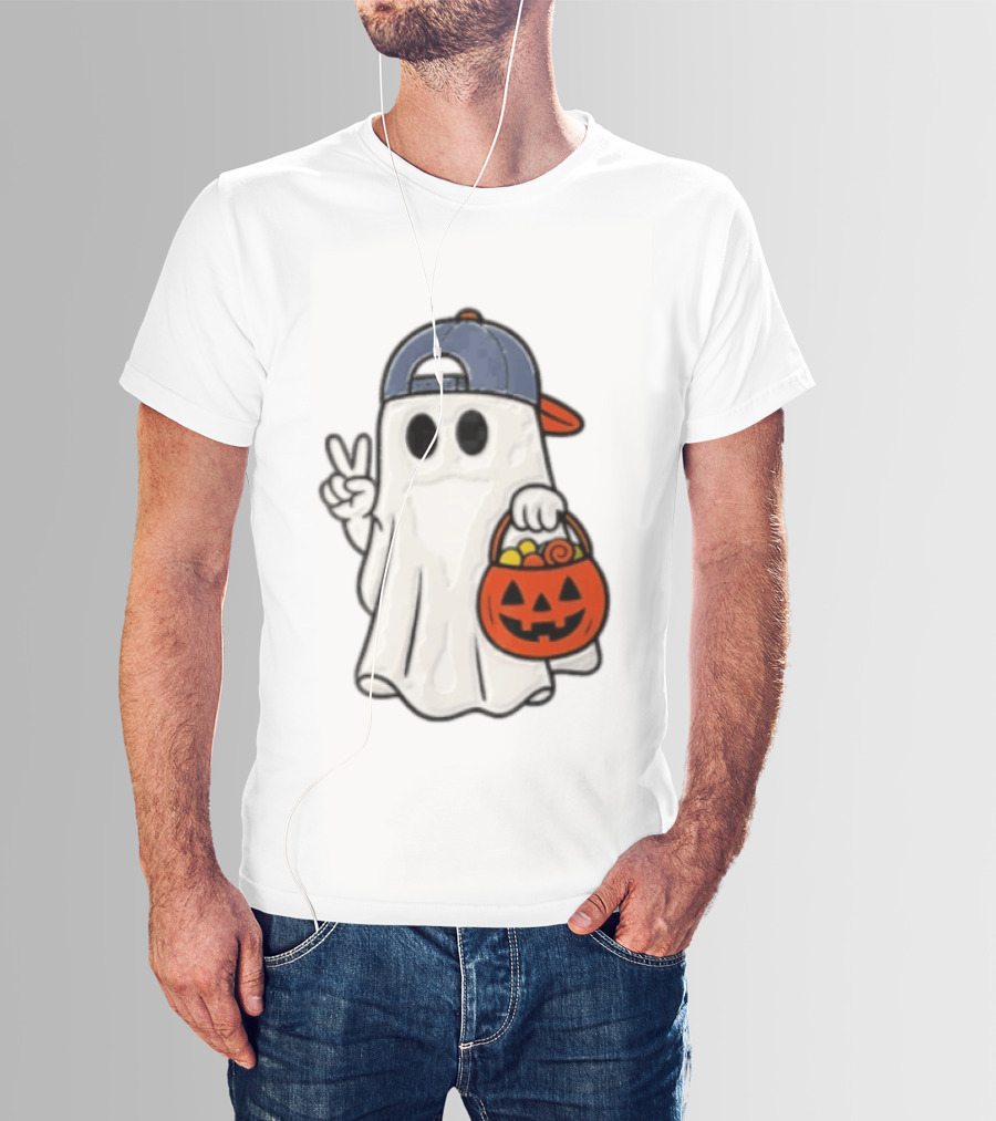 Ghost In Cap With Peace Sign Holding Pumpkin Bucket Halloween T-Shirt
