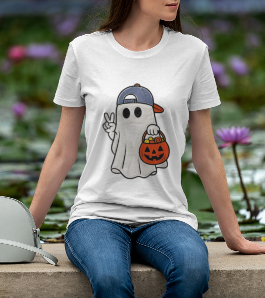 Ghost In Cap With Peace Sign Holding Pumpkin Bucket Halloween T-Shirt