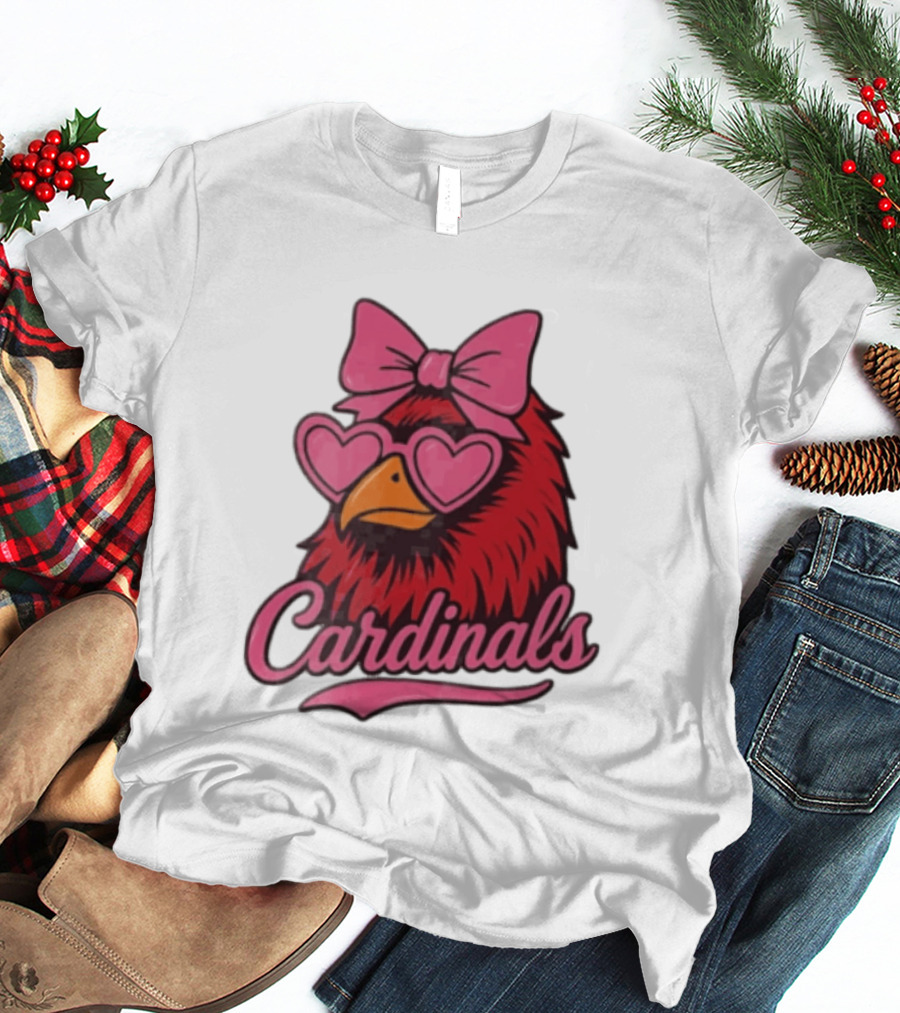 St Louis Cardinals Red Bird Pink Bow Heart Glasses T-Shirt