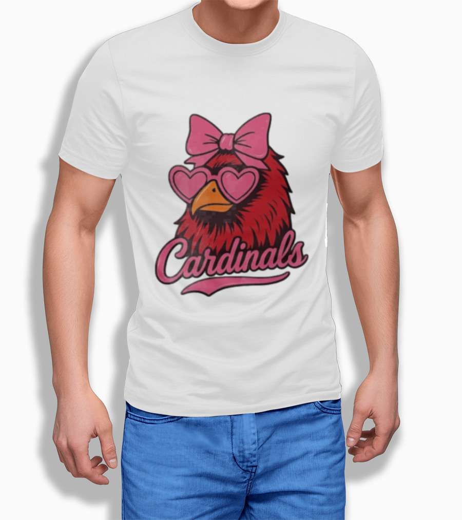 St Louis Cardinals Red Bird Pink Bow Heart Glasses T-Shirt