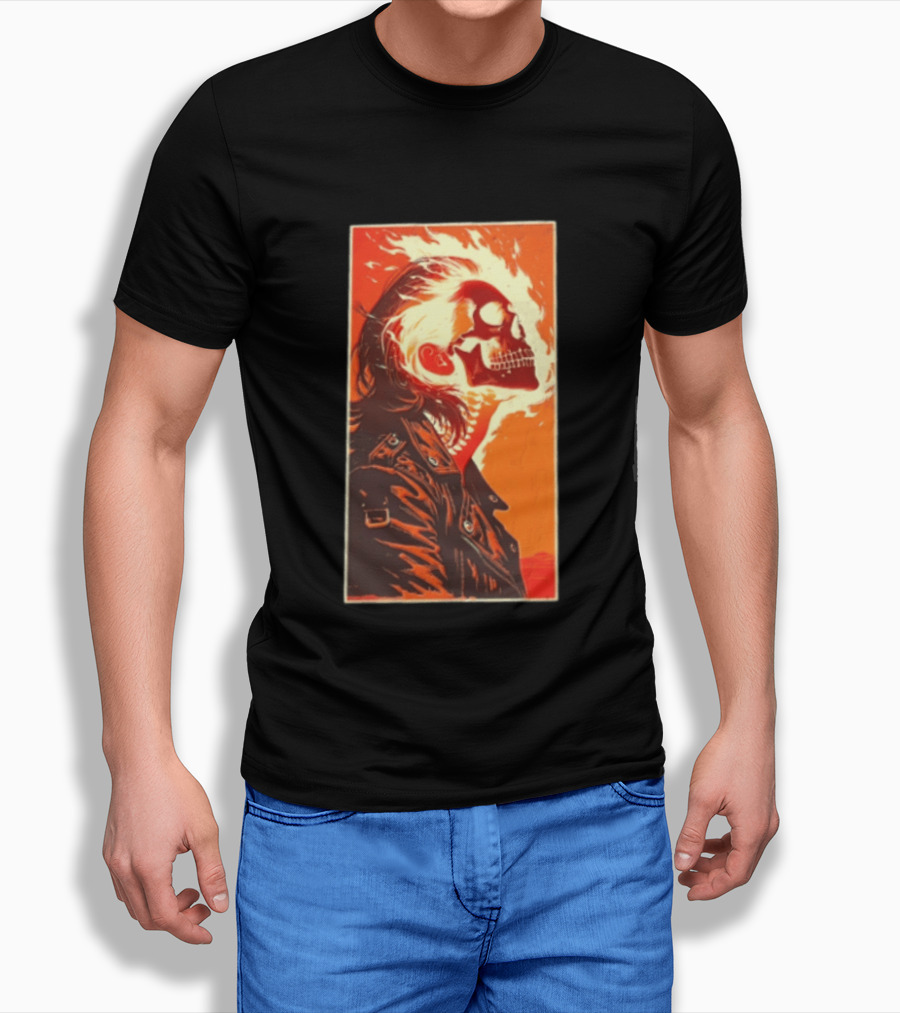 Burnout Flaming Skull Leather Jacket Man Fiery T-Shirt