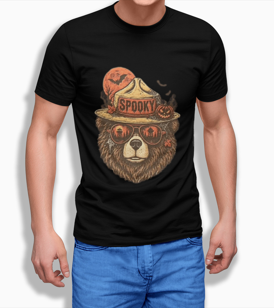 Smokey Bear Spooky Halloween Fire Lookout Forest Ranger Pumpkin Bats T-Shirt