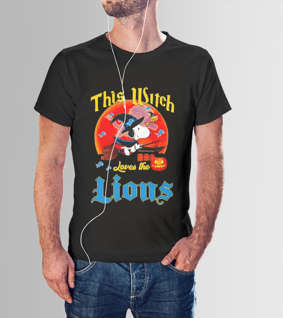 Snoopy This Witch Loves The Lions Halloween Pumpkin Broom Peanuts T-Shirt