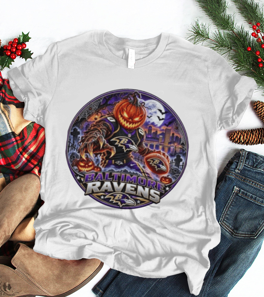Baltimore Ravens Jack O' Lantern Halloween Football Spooky Night Ravens Stadium Skyline T-Shirt
