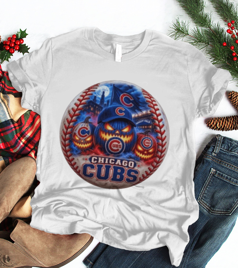 Chicago Cubs Wrigley Field Halloween Jack O' Lantern Baseball T-Shirt