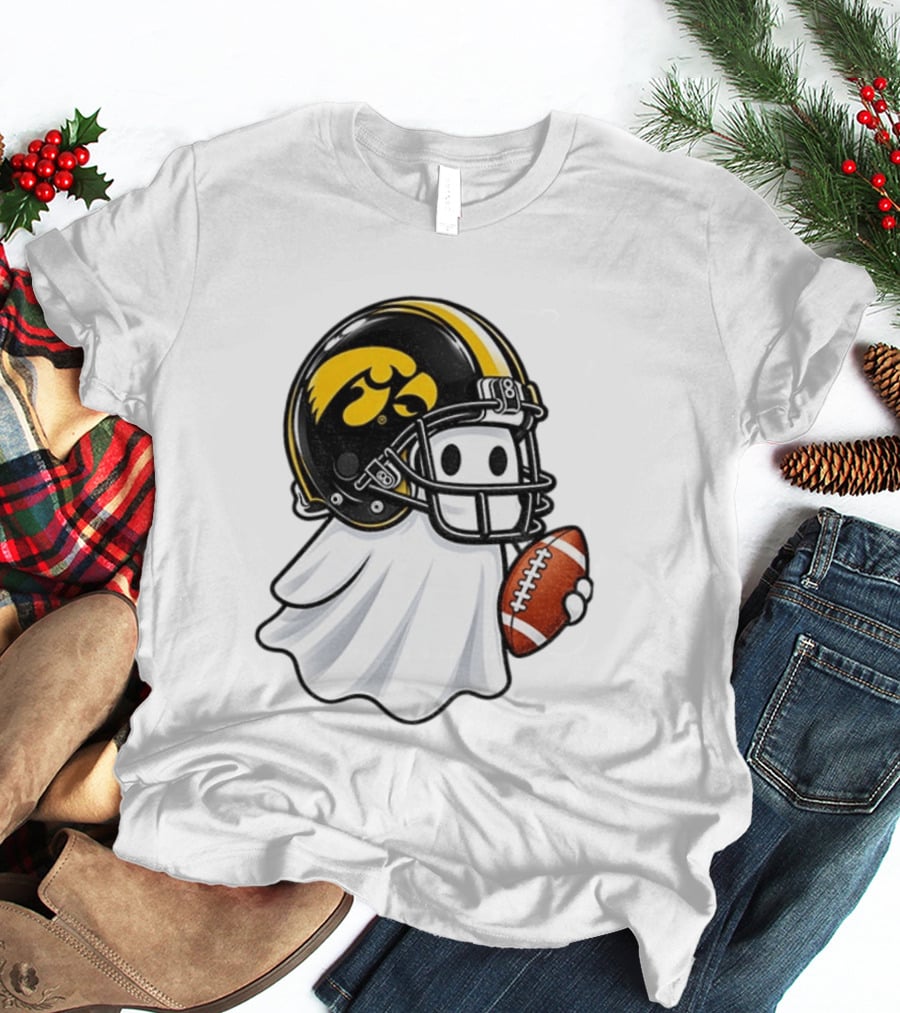 Iowa Hawkeyes Football Ghost Halloween Holding Football T-Shirt