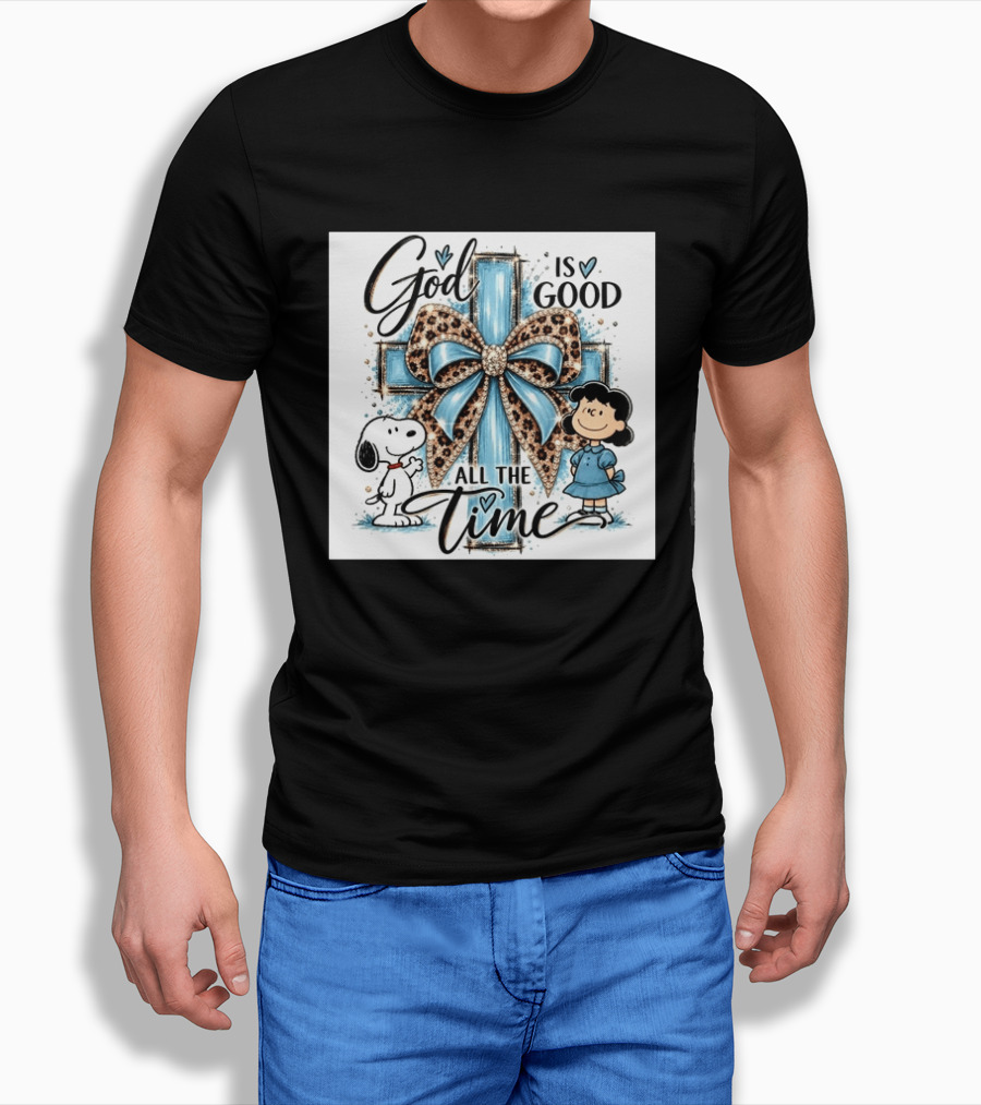 Snoopy And Lucy God Is Good All The Time Blue Cross And Leopard Bow T-Shirt