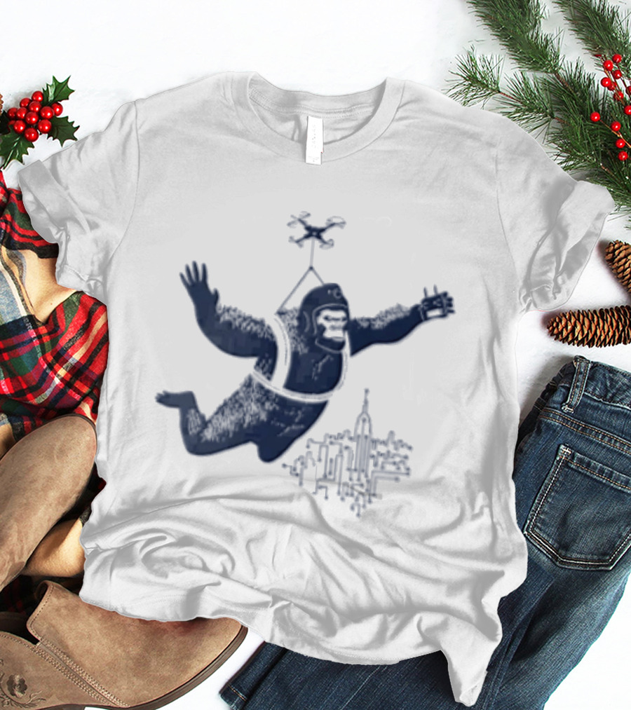 Gorilla Parachuting With Drone Over City Skyline T-Shirt