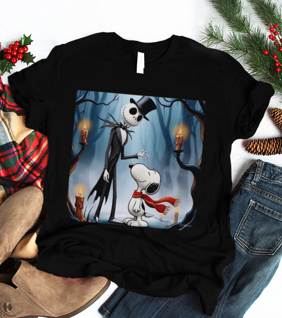 The Nightmare Before Christmas Jack Skellington And Snoopy Candles In Haunted Forest T-Shirt