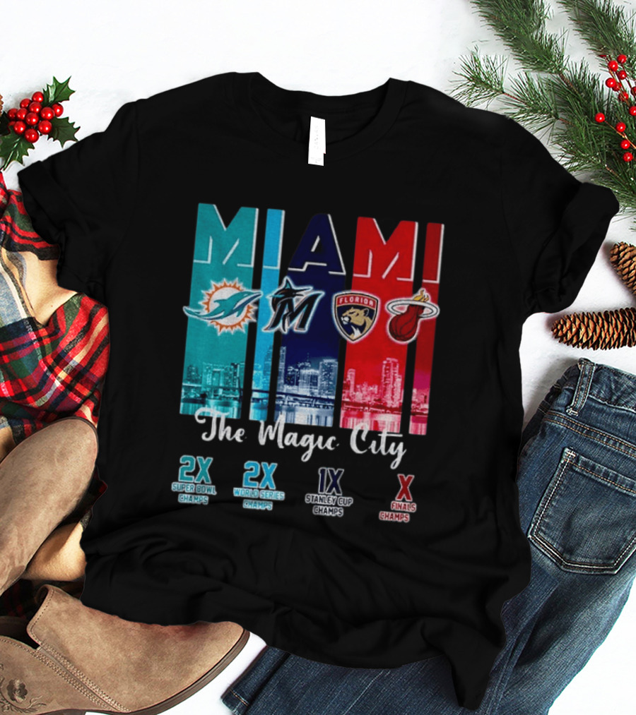 MIAMI The Magic City Dolphins Marlins Panthers Heat Champs T-Shirt
