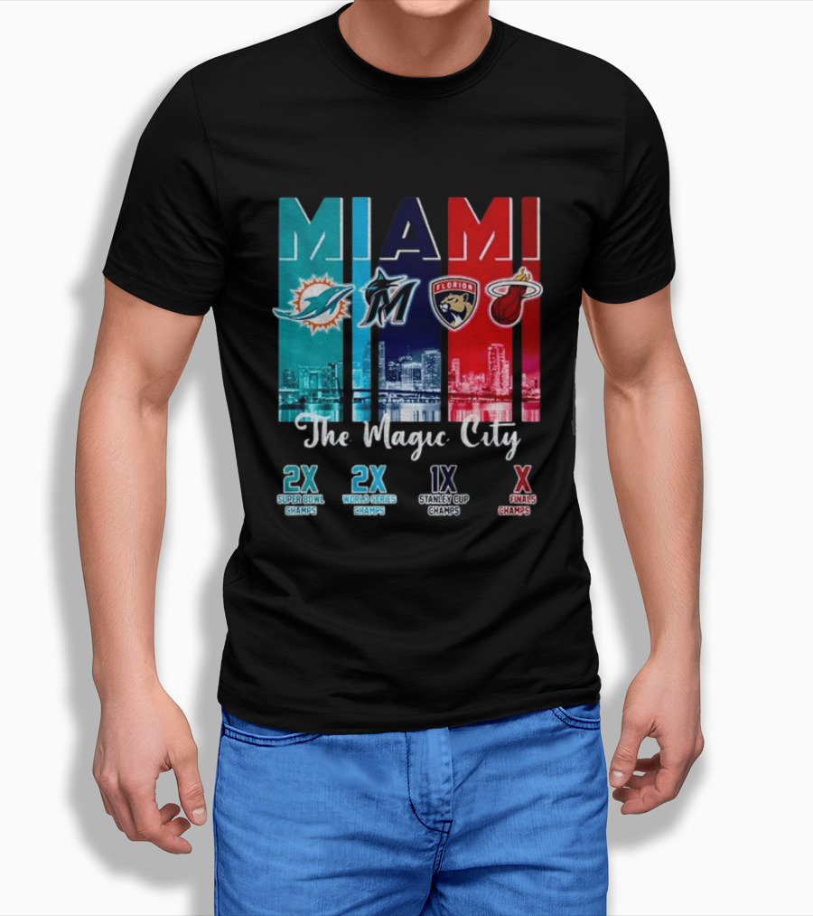 MIAMI The Magic City Dolphins Marlins Panthers Heat Champs T-Shirt