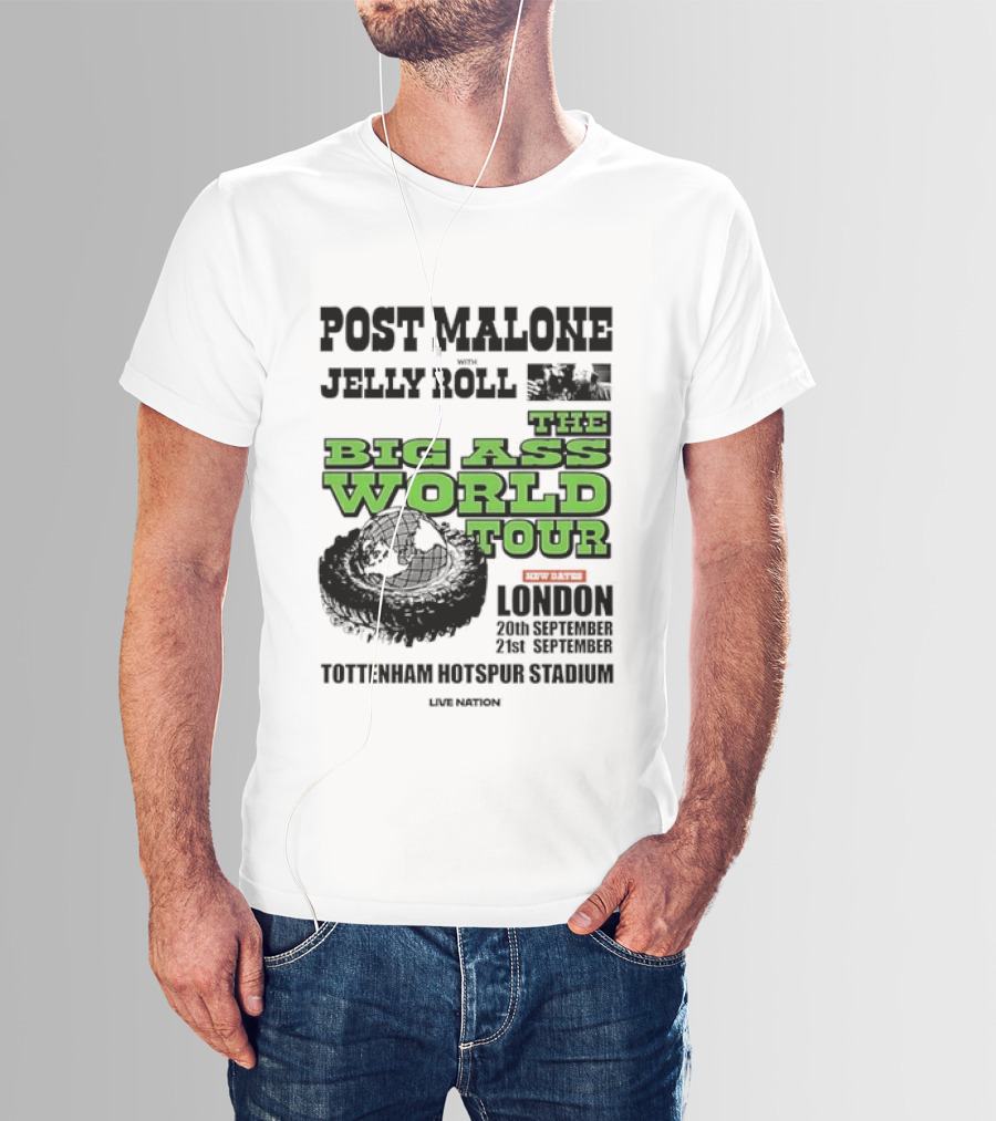 Post Malone Jelly Roll Live Nation The Big Ass World Tour London Tottenham Hotspur Stadium 2023 T-Shirt