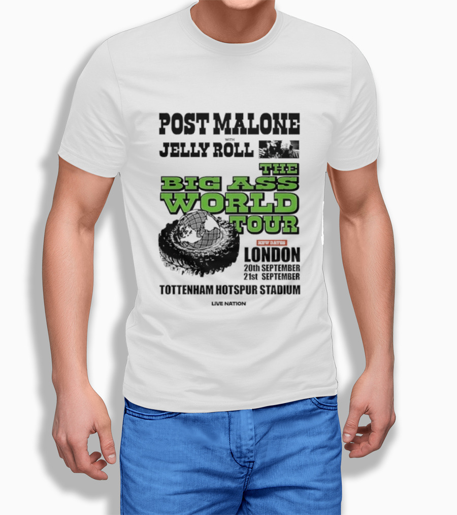 Post Malone Jelly Roll Live Nation The Big Ass World Tour London Tottenham Hotspur Stadium 2023 T-Shirt