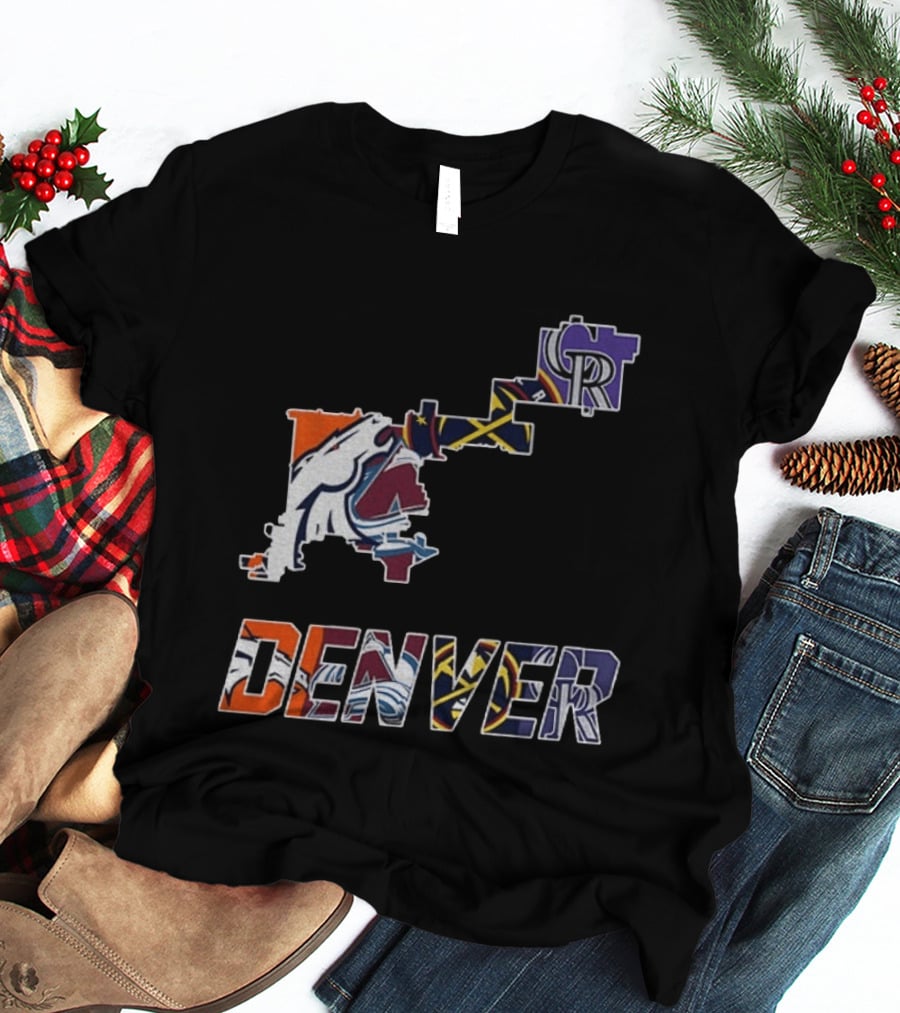Denver Broncos Nuggets Avalanche Rockies Team Map T-Shirt