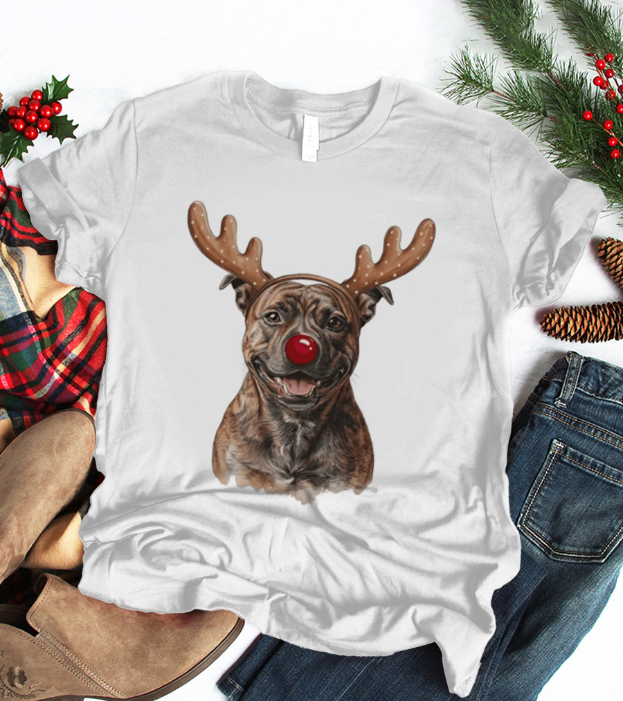 Brindle Pit Bull With Reindeer Antlers And Red Nose T-Shirt