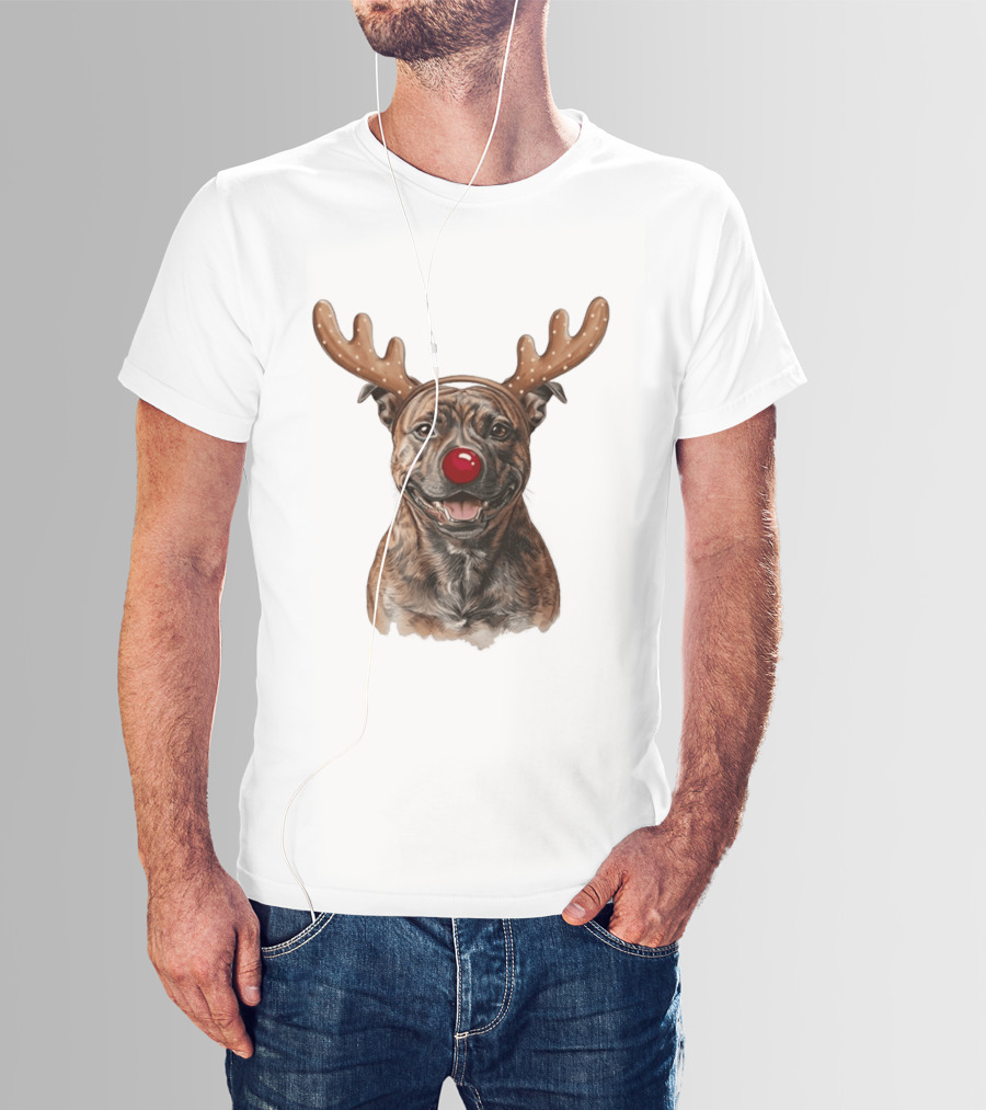 Brindle Pit Bull With Reindeer Antlers And Red Nose T-Shirt
