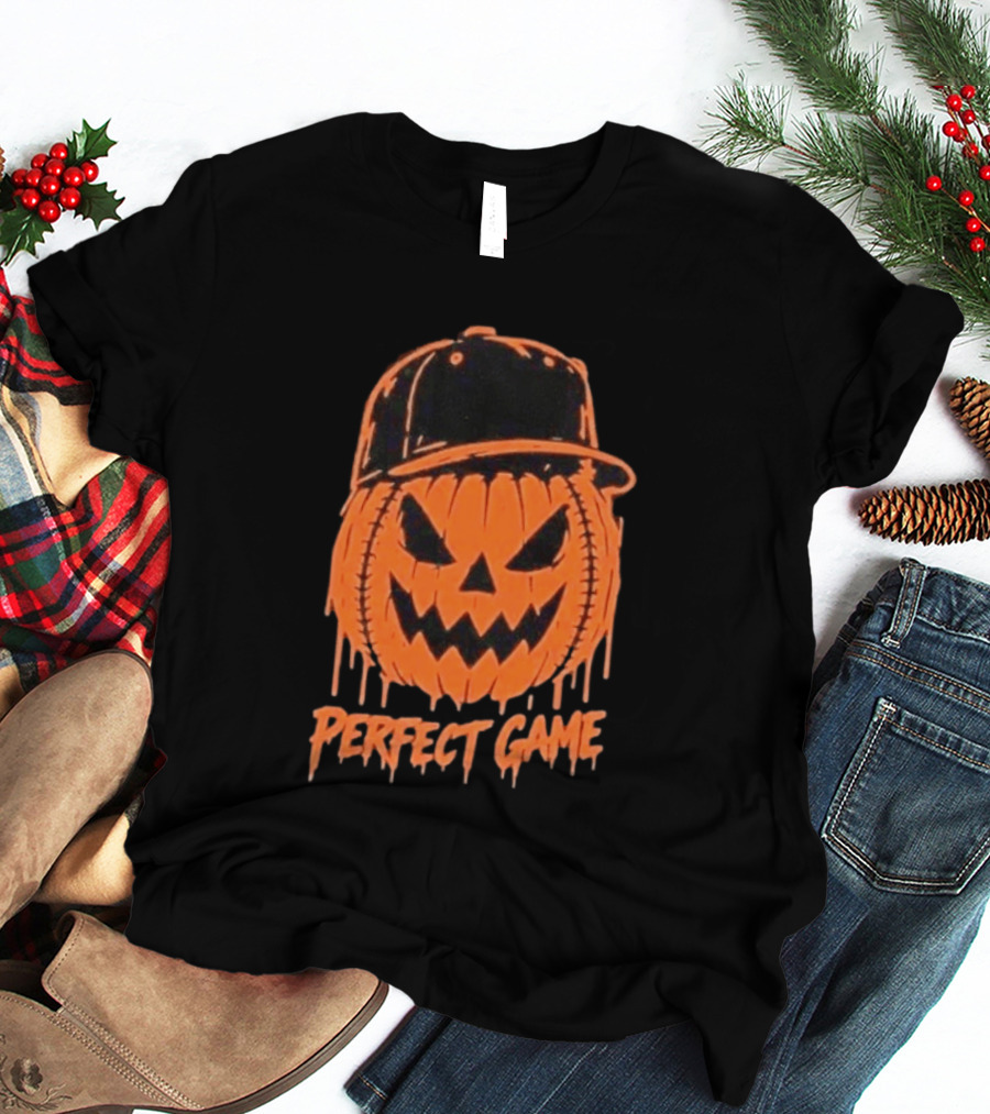 Perfect Game Halloween Pumpkin Baseball Hat Creepy Face T-Shirt