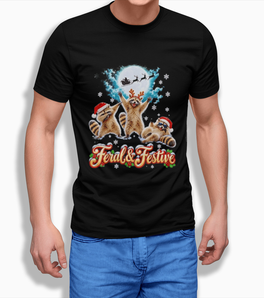 Feral And Festive Raccoons Christmas Holiday Santa And Reindeer T-Shirt