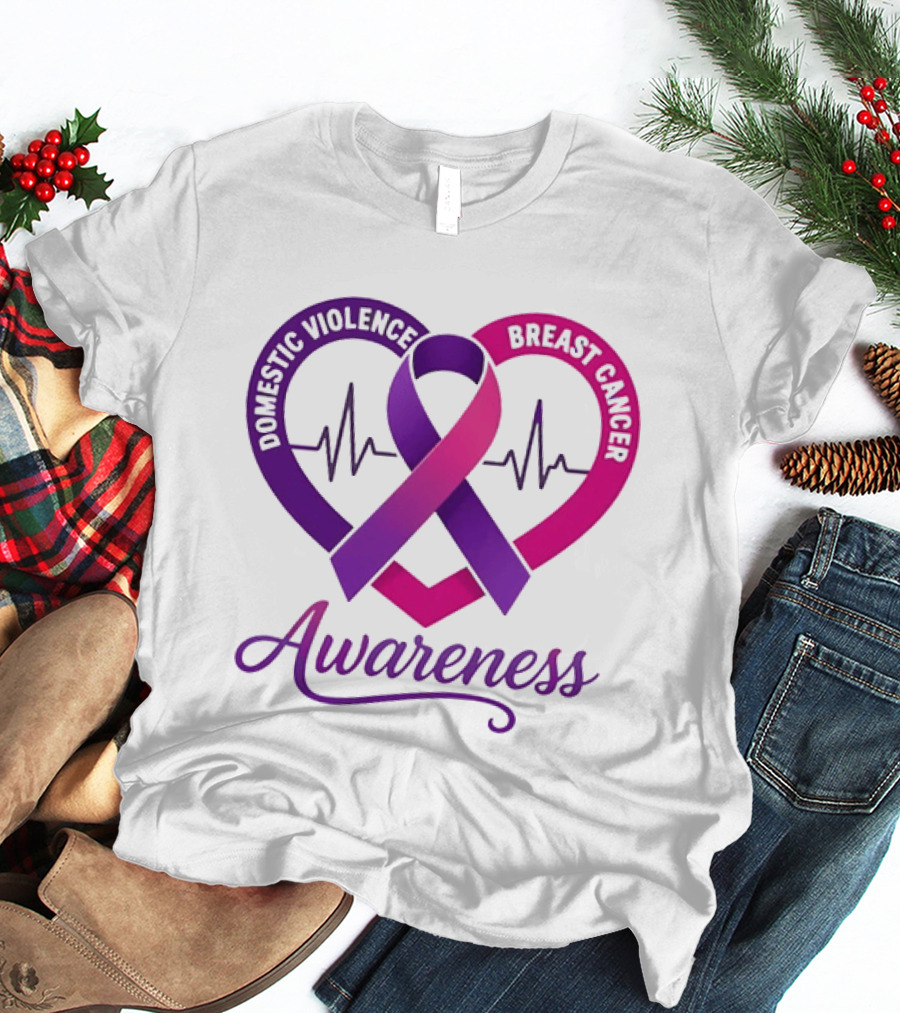 Domestic Violence And Breast Cancer Awareness Heart Ribbon Purple Pink T-Shirt