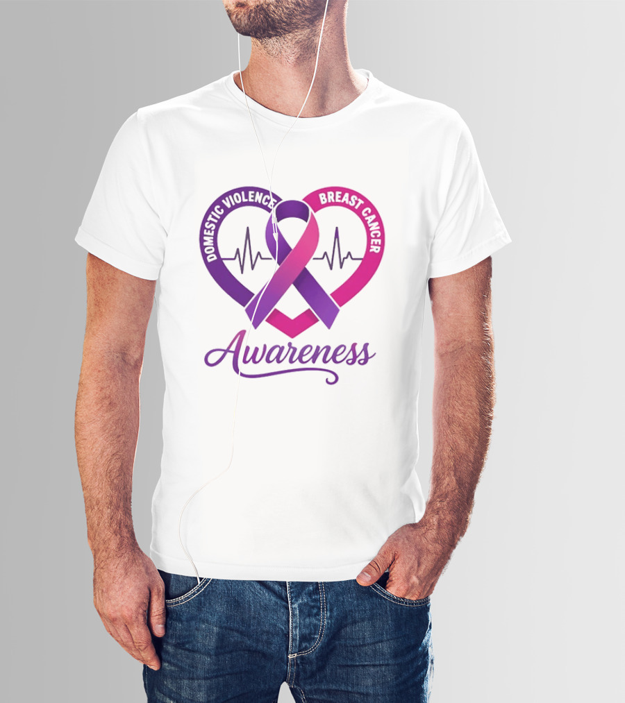 Domestic Violence And Breast Cancer Awareness Heart Ribbon Purple Pink T-Shirt