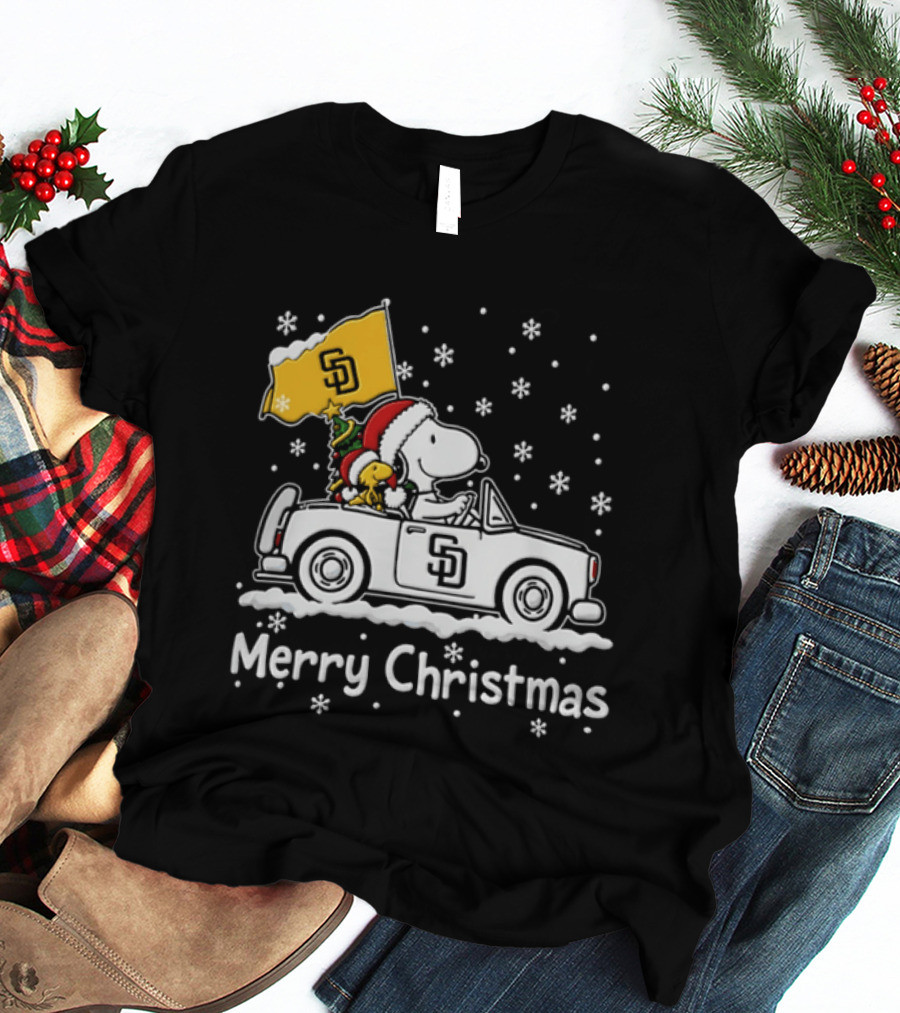 Snoopy And Woodstock Driving San Diego Padres Car Merry Christmas 2026 T-Shirt