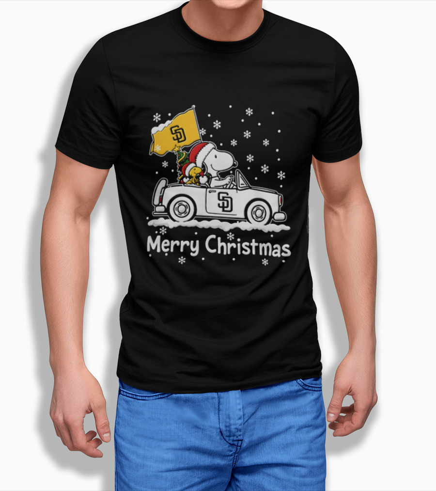 Snoopy And Woodstock Driving San Diego Padres Car Merry Christmas 2026 T-Shirt