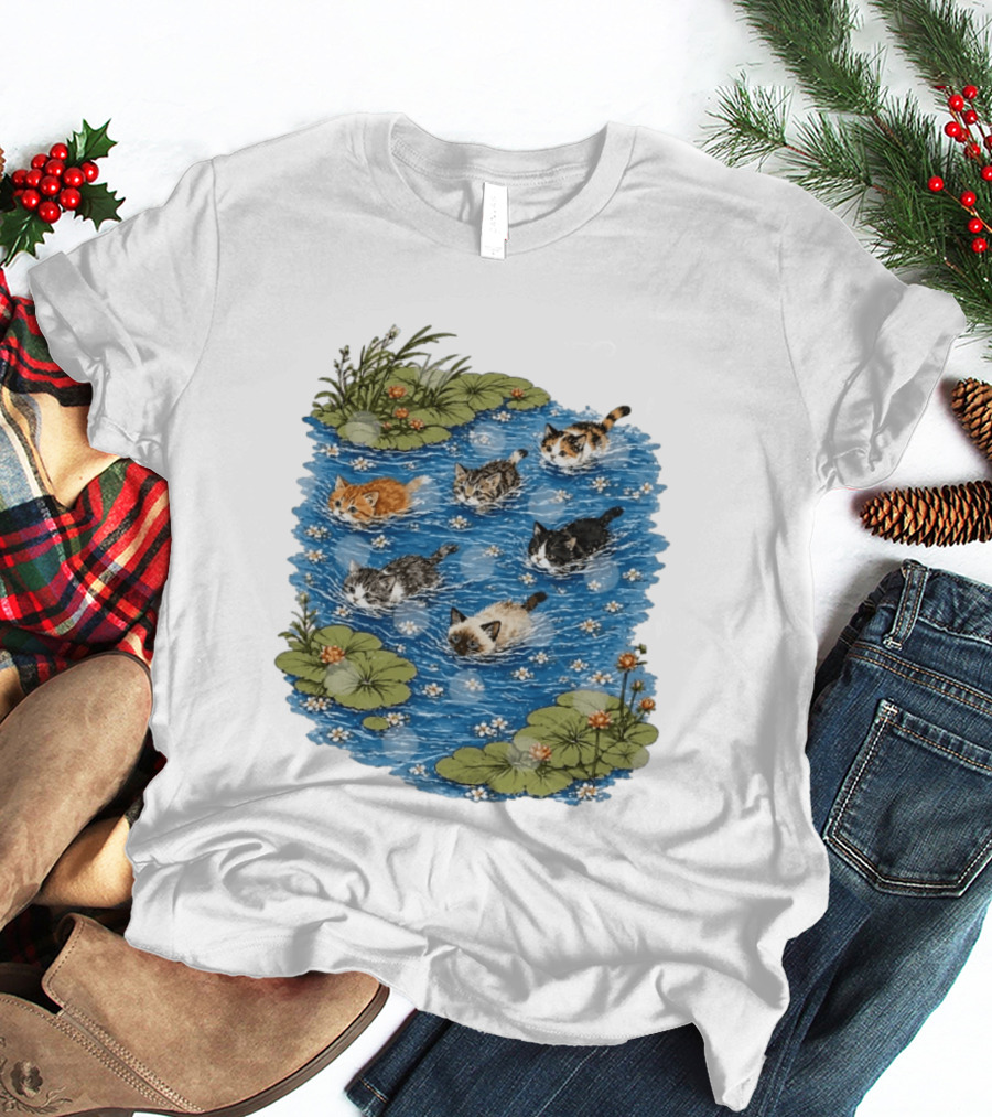 Kittens Swimming Among Water Lilies In Pond Scene T-Shirt