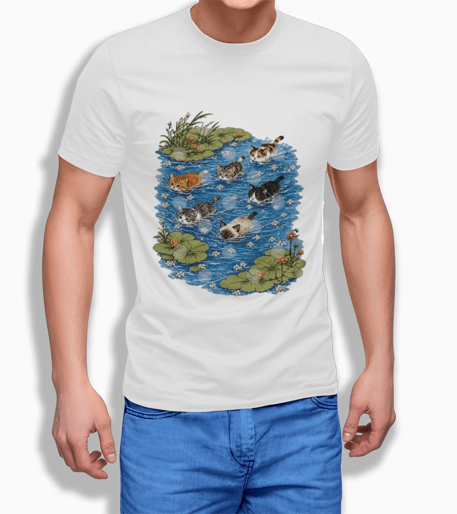 Kittens Swimming Among Water Lilies In Pond Scene T-Shirt