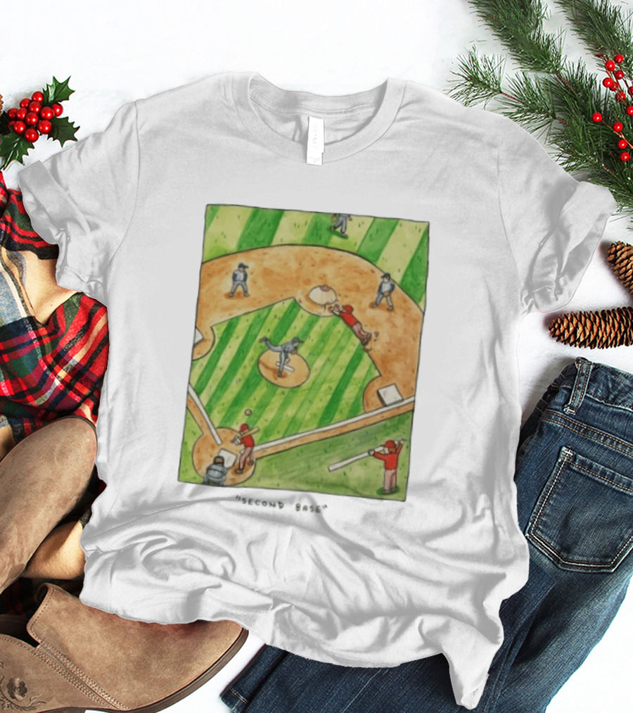 Second Base Baseball Cartoon Humor Action Play Scene T-Shirt
