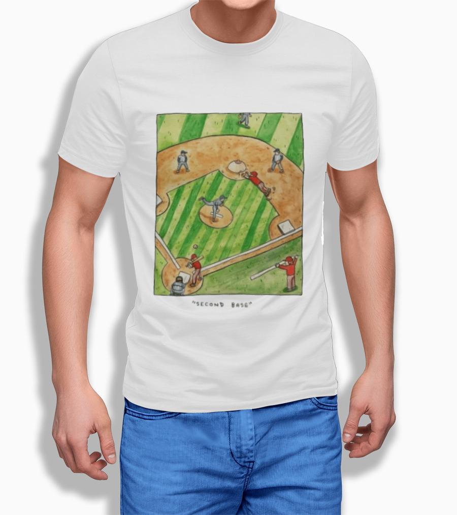 Second Base Baseball Cartoon Humor Action Play Scene T-Shirt