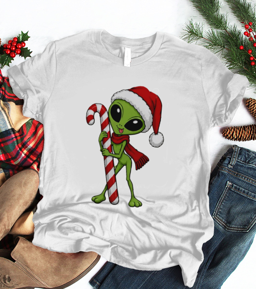 Green Santa Hat Alien With Red Scarf Holding Candy Cane Christmas T-Shirt