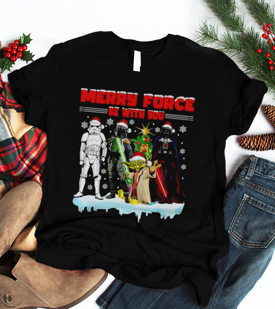Star Wars Merry Force Be With You Christmas Characters Stormtrooper Yoda Darth Vader Santa Hats T-Shirt