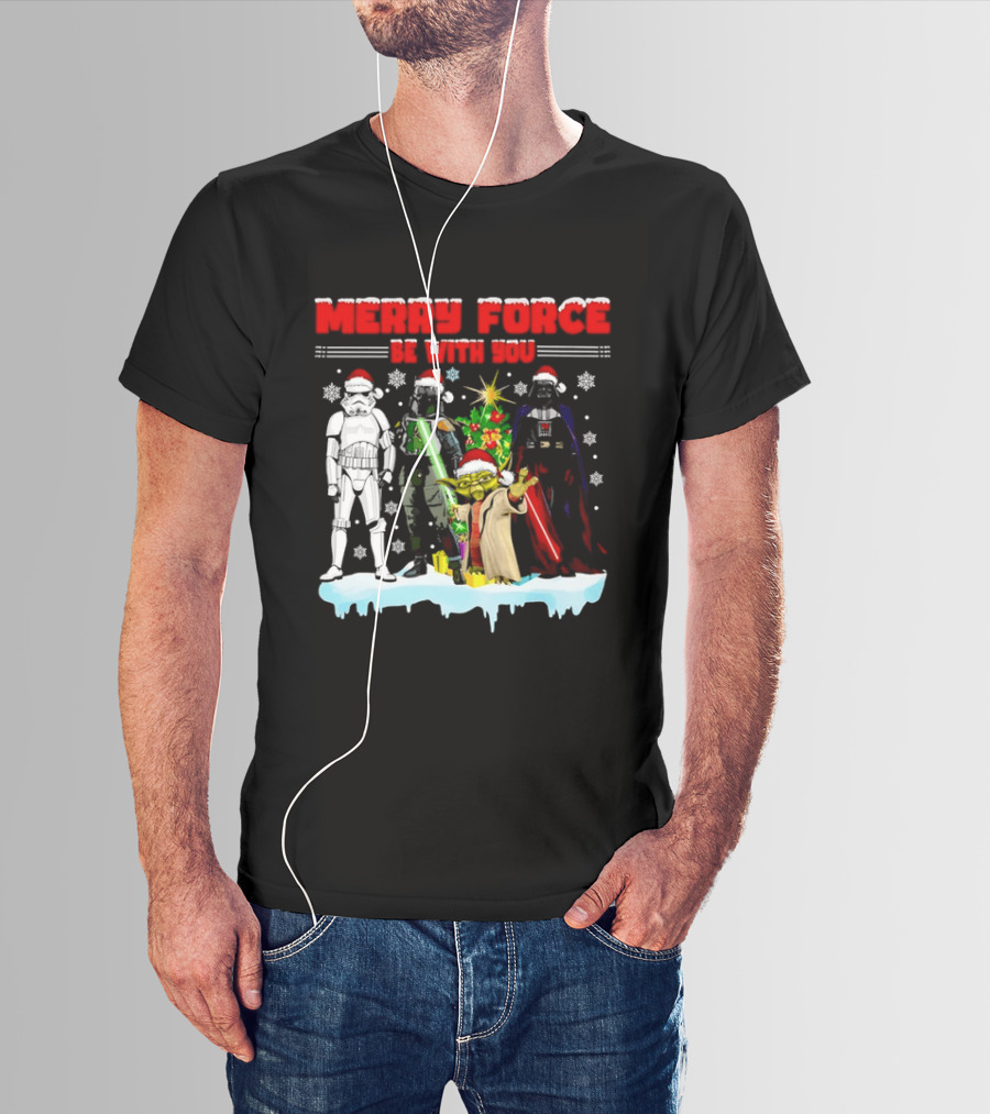 Star Wars Merry Force Be With You Christmas Characters Stormtrooper Yoda Darth Vader Santa Hats T-Shirt