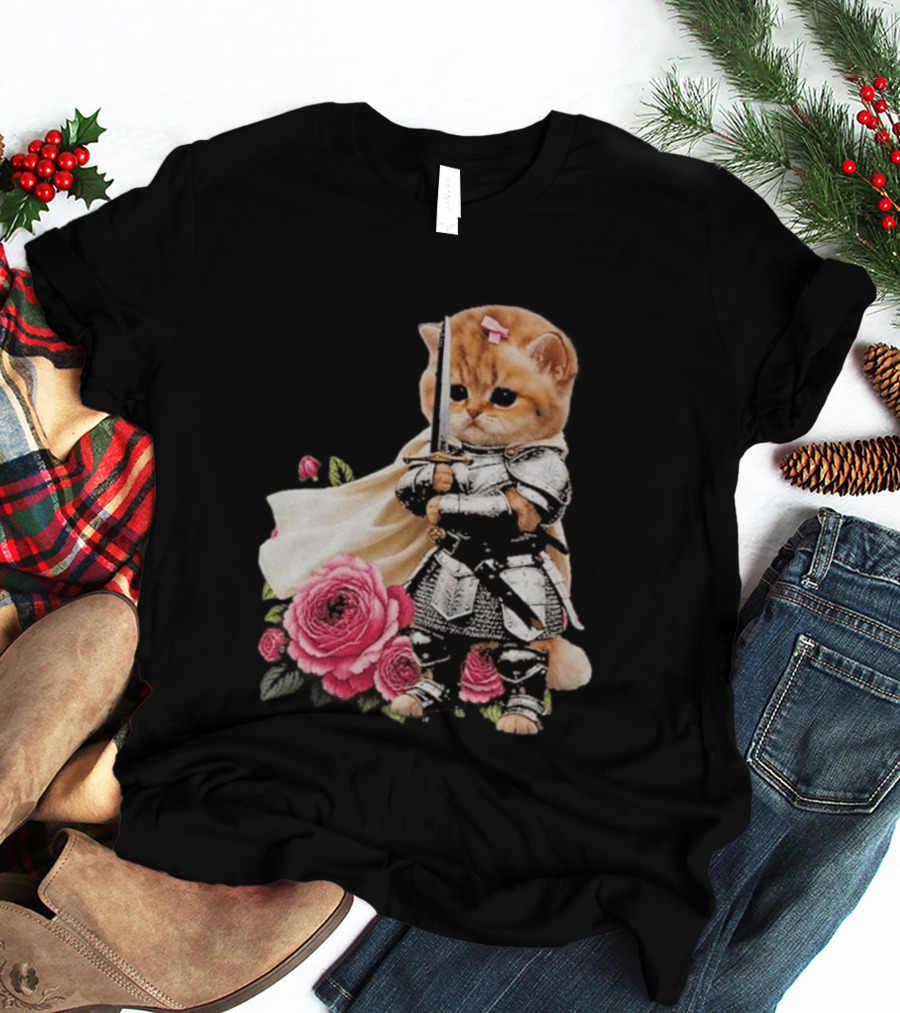Knight Cat Holding Sword With Roses T-Shirt