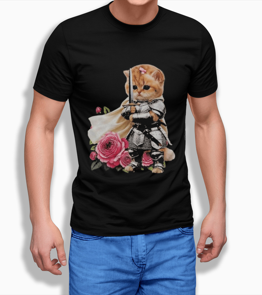 Knight Cat Holding Sword With Roses T-Shirt