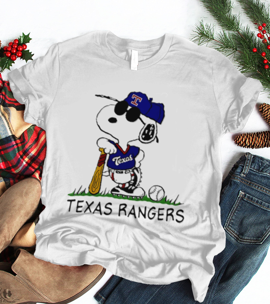 Snoopy Texas Rangers MLB Baseball Uniform With Sunglasses And Bat T-Shirt