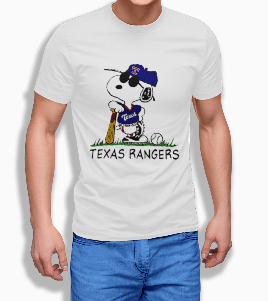Snoopy Texas Rangers MLB Baseball Uniform With Sunglasses And Bat T-Shirt