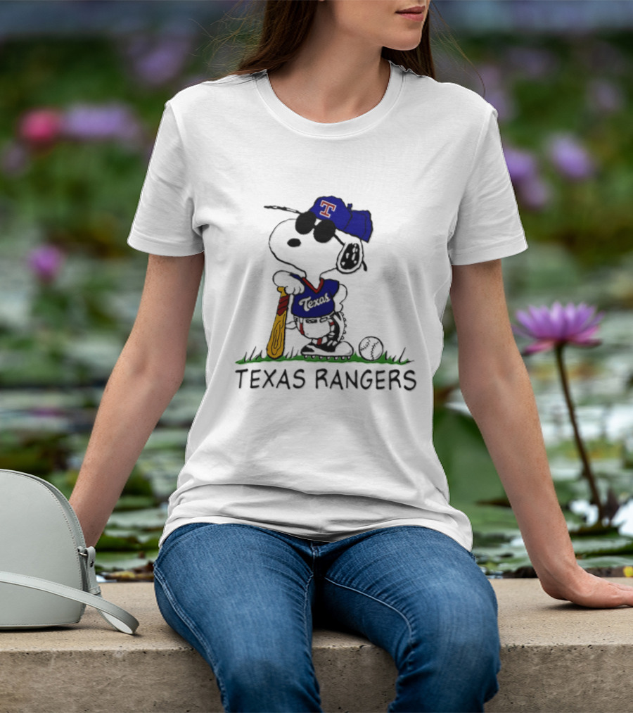Snoopy Texas Rangers MLB Baseball Uniform With Sunglasses And Bat T-Shirt