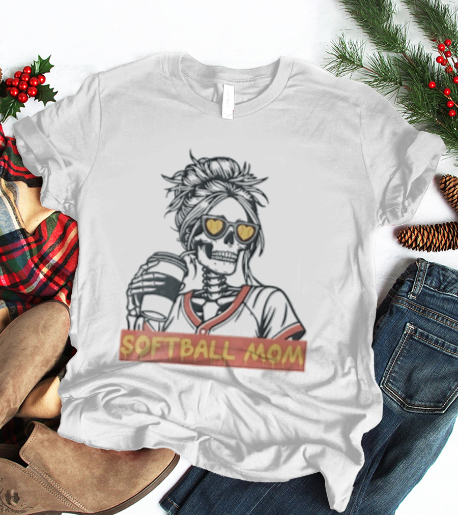 Softball MOM Skeleton Messy Bun Heart Sunglasses Coffee T-Shirt