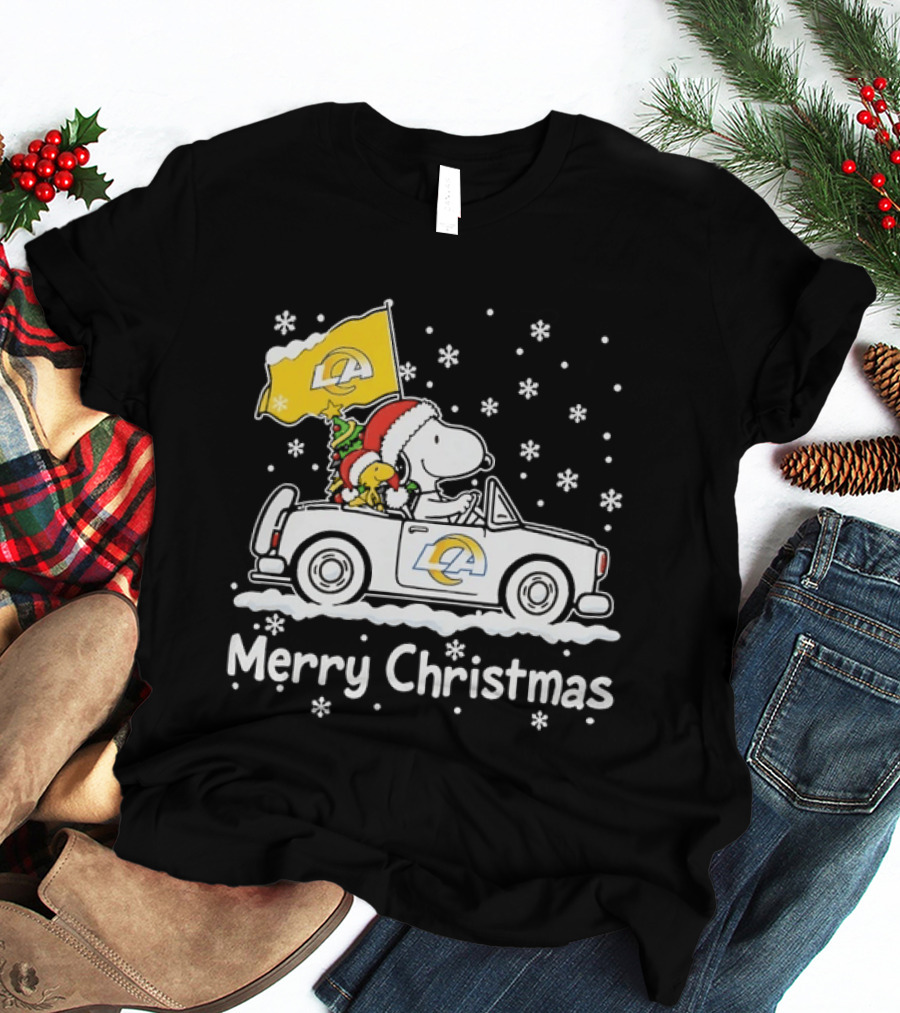 Los Angeles Rams Snoopy Woodstock Merry Christmas Car Holiday T-Shirt