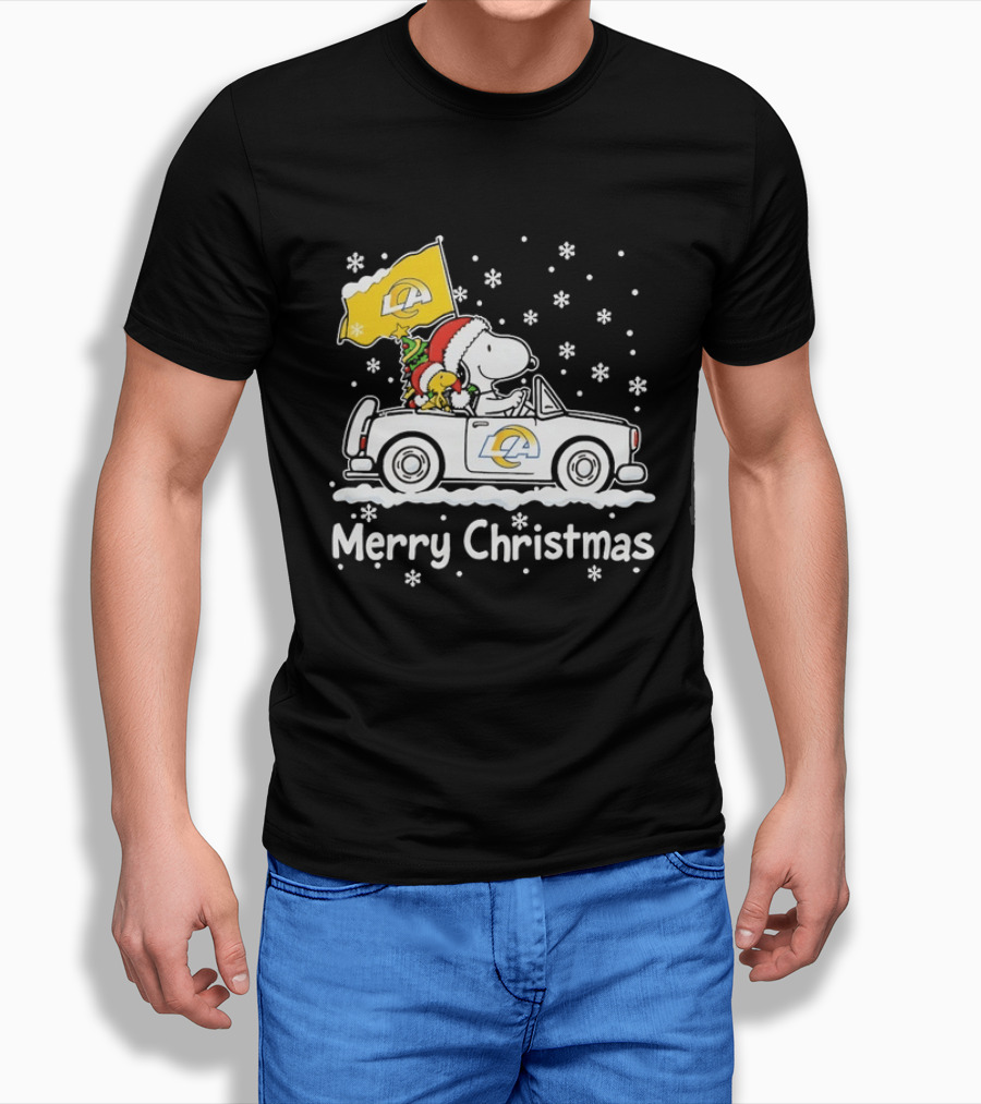 Los Angeles Rams Snoopy Woodstock Merry Christmas Car Holiday T-Shirt