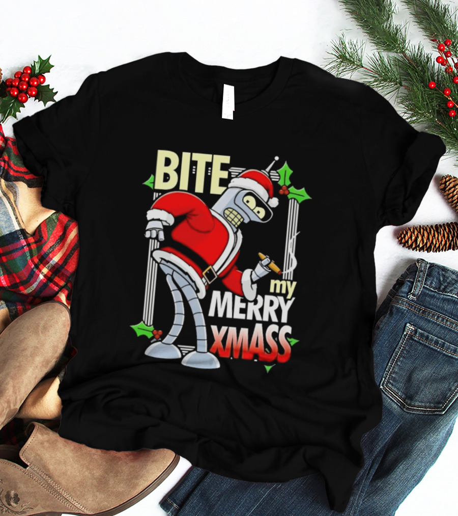 Bender Bite My Merry Xmass Futurama Santa Cigarette Hollys T-Shirt