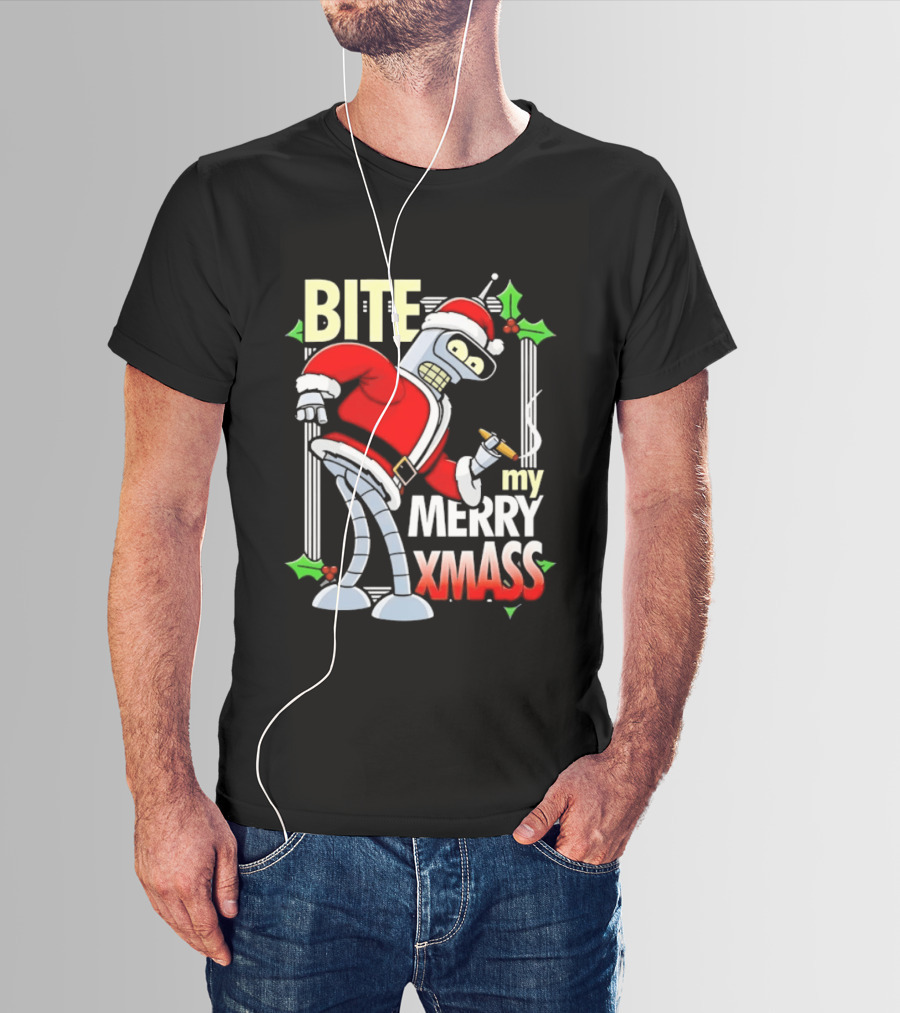Bender Bite My Merry Xmass Futurama Santa Cigarette Hollys T-Shirt