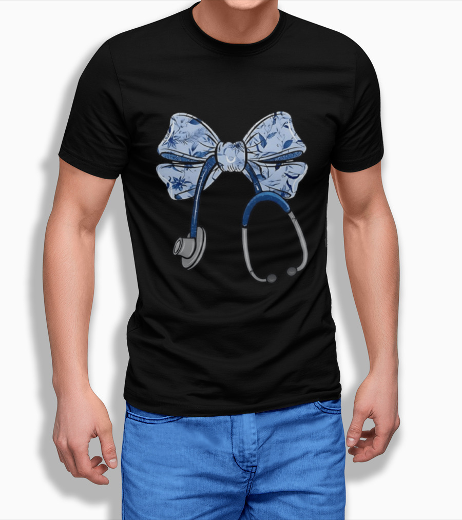 Blessed Are The Healers Matthew Stethoscope Blue Floral Bow T-Shirt