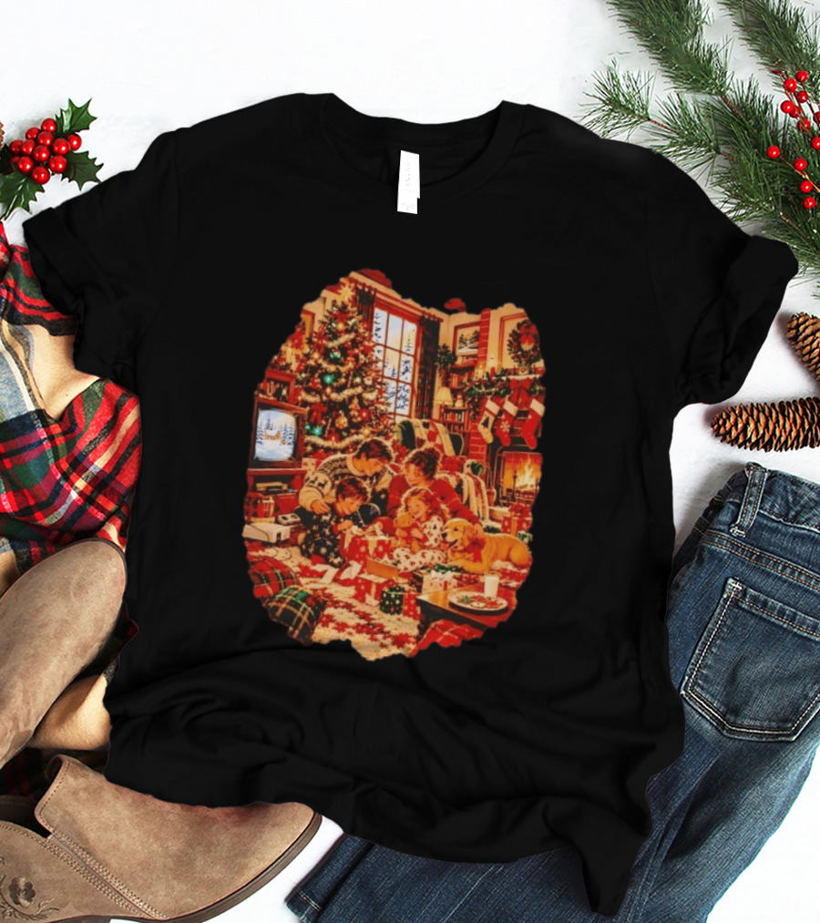 Cozy Christmas Morning Family Scene By The Fireplace With Tree And Stockings T-Shirt