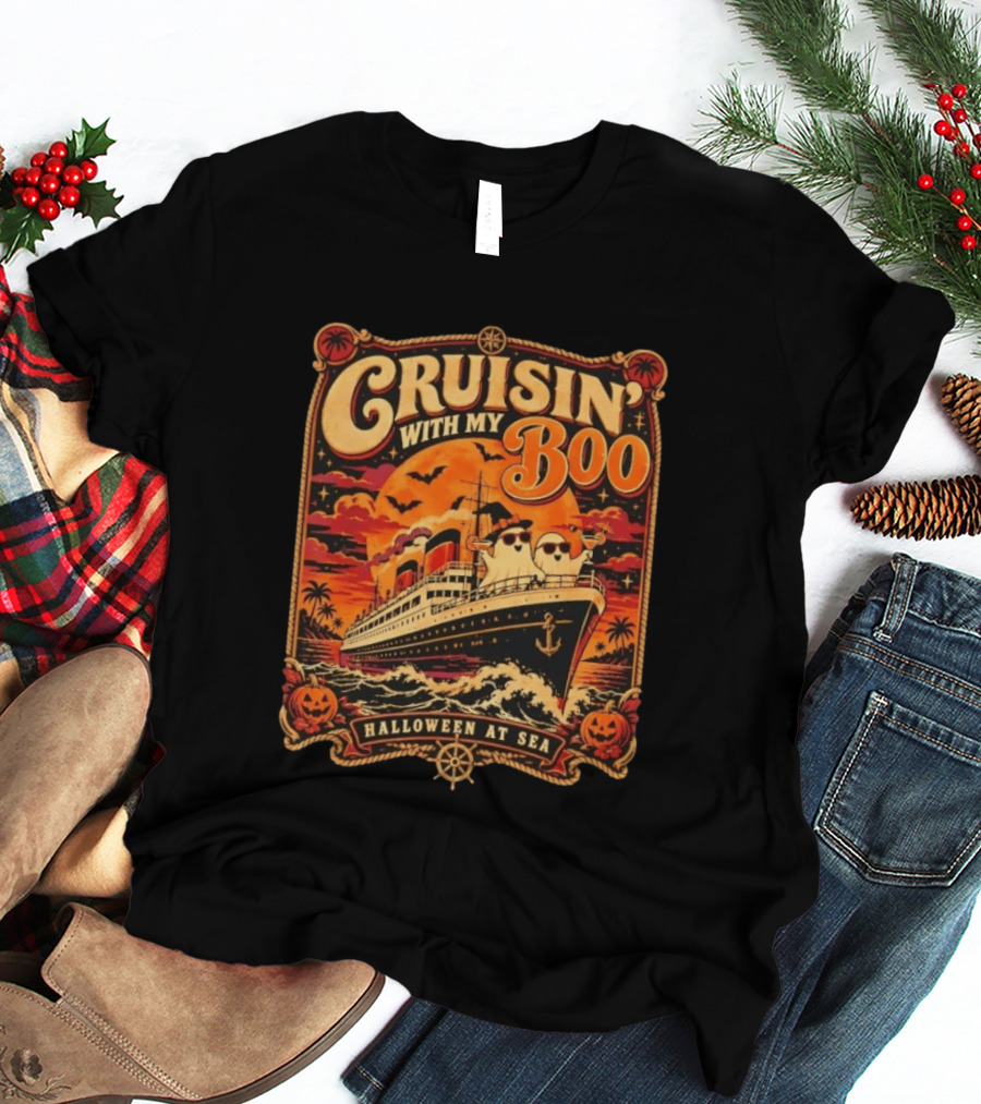 Cruisin' With My Boo Halloween At Sea Ship Ghosts Pumpkins Full Moon T-Shirt