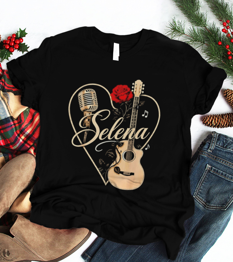 Selena Heart With Rose Microphone Guitar Music Notes T-Shirt