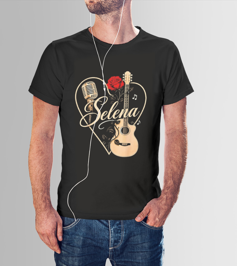 Selena Heart With Rose Microphone Guitar Music Notes T-Shirt